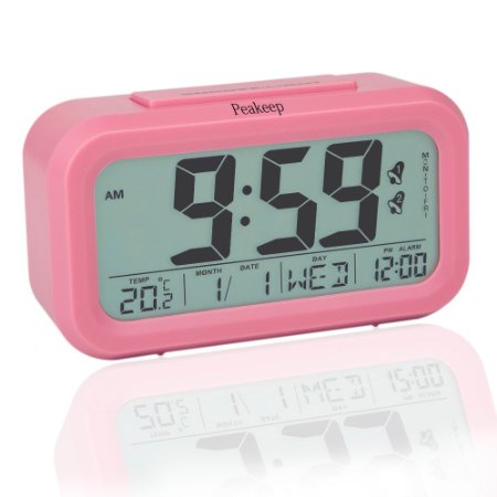 Peakeep Streamlined Digital Alarm Clock Battery Operated with Large LCD Display Dual Alarm Snooze Function Optional WeekdayEveryday Alarm and Night Activated Smart Light Pink