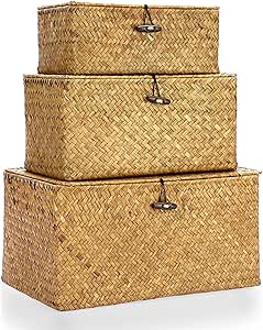 Hipiwe Set of 3 Wicker Storage Basket Bin with Lid - Large Handwoven Natural Seagrass Storage Bins Rectangular Household Organizer Boxes for Closet Wardrobe Shelf Organizer, Caramel