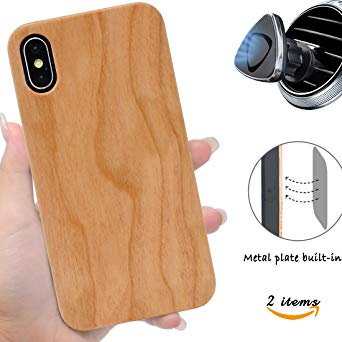 Real Cherry Wood Phone Case for iPhone X and Magnetic Mount–iProductsUS Protective & Shockproof Cases, built-in Metal Plate, TPU Rubber Phone Cover for iPhone 10/X