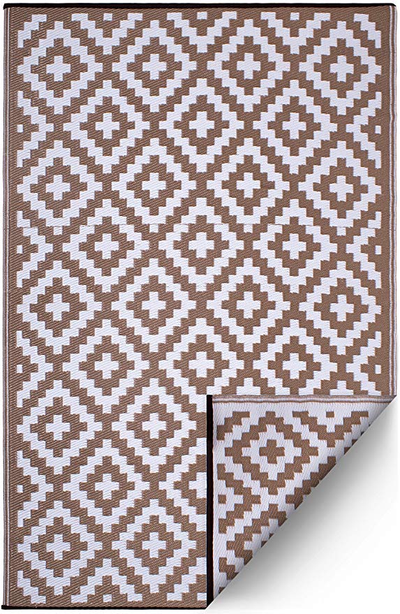 FH Home Indoor/Outdoor Recycled Plastic Floor Mat/Rug - Reversible - Weather & UV Resistant - Aztec - Taupe/White (6 ft x 9 ft)