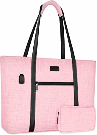 MOSISO USB Port Laptop Tote Bag for Women, Compatible with MacBook, 17-17.3 inch Notebook and Chromebook, Lightweight Organizer Work Travel Business Briefcase with Small Purse, Pink