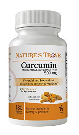 Curcumin 500 mg 95% Standardized Root Extract - Promotes Joint and Cardiovascular Health - Brain Health and Antioxidant Support - 180 Kosher Vegetarian Capsules by Nature's Trove