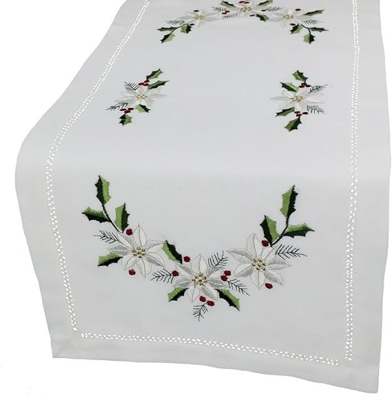 Xia Home Fashions Country Poinsettia Embroidered Hemstitch Christmas Table Runner, 12-Inch by 28-Inch