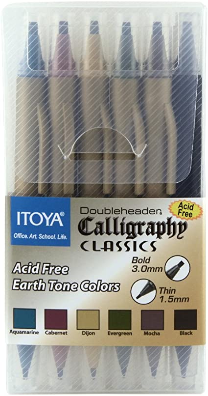Itoya Doubleheader Calligraphy Marker Set, 2 Chisel Tips, 1.5mm and 3.0mm, Set of 6 Colors (CL-200)