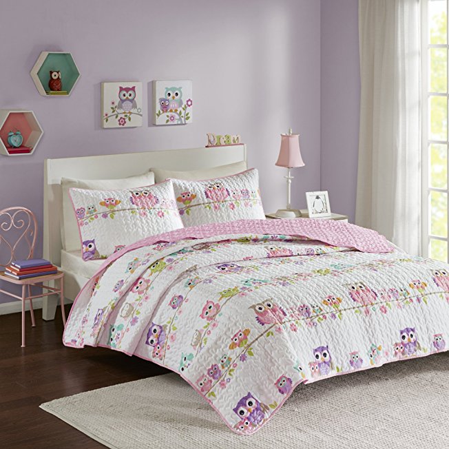 Comfort Spaces - Howdy Hoots Kids Bedspread Mini Quilt Set - 2 Piece - Pink White - Teens/Girls - Owl Print - Twin Size, includes 1 Quilt, 1 Sham