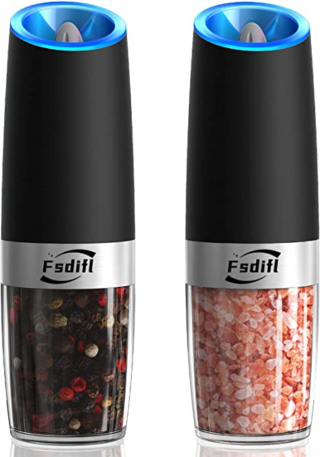 Gravity Electric Salt and Pepper Grinder Set - Adjustable Coarseness, Battery Operated Automatic Salt and Pepper Mills with Blue Light, One Handed Operation, 2 Pieces…