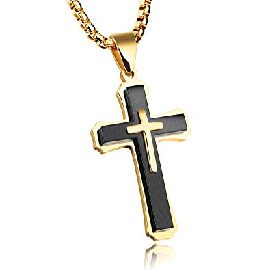 TEMICO Unique Stainless Steel Cross Pendant Necklace for Men Religious Jewelry Black/Gold/Silver Color