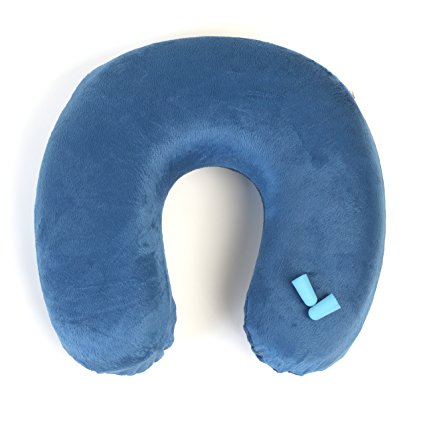 Dormibene Memory Foam Neck Rest Travel Pillow - Includes Ear Plugs, Best Support & Removable Cover (Blue)