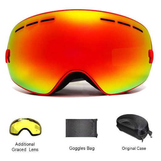 SameTop Mirror Coating Anti-fog UV 400 Protection Spherical Dual Lenses Snow Skate Ski Goggles with Case