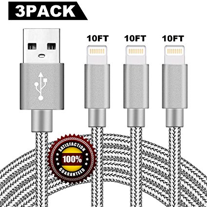 BULESK Lightning Cable 3Pack 10FT Nylon Braided Certified Lightning to USB iPhone Charger Cord for iPhone X 8 7 Plus 6S 6 SE 5S 5C 5, iPad 2 3 4 Mini Air Pro, iPod Nano 7 Grey