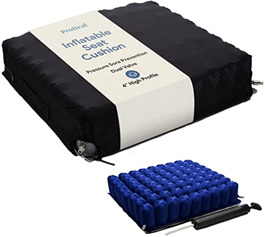ProHeal Inflatable Wheelchair Air Cushion 16 x 16 - for Pressure Sore Treatment and Prevention - 4” Deep Immersion Pressure Redistribution - Dual Valve - Nylon Cover - Includes Pump, Repair Kit