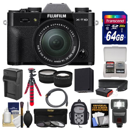 Fujifilm X-T10 Digital Camera & 16-50mm II XC Lens (Black) with 64GB Card   Backpack   Flash   Battery & Charger   Tripod   Tele/Wide Lens Kit