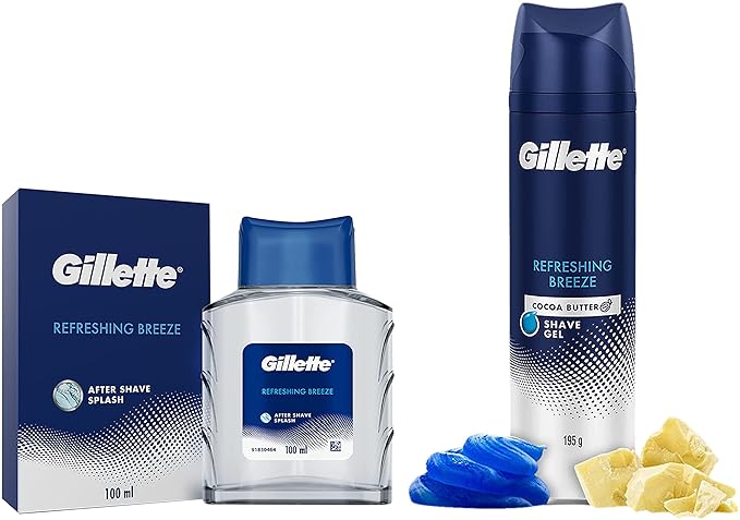 Gillette AFTER SHAVE SPLASH REFRESHING BREEZE 100ML, White & Shaving Gel Refreshing Breeze with Cocoa Butter 195 ml, White