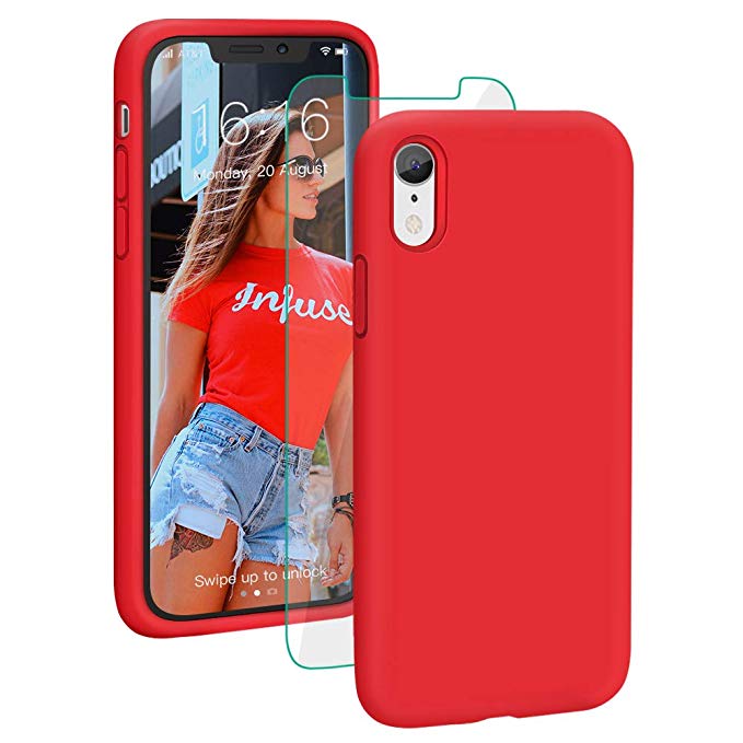 ProBien Case for iPhone XR, Silicone Gel Rubber Shockproof Shell with Free Tempered Screen Protector for New iPhone XR 2018 (6.1")-Red