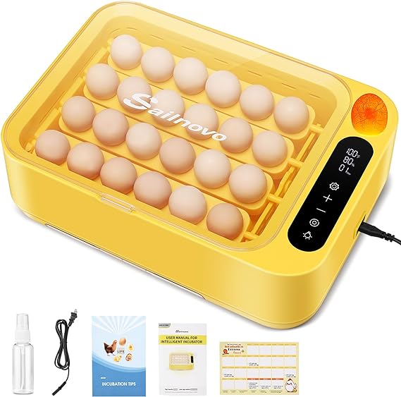 Sailnovo 24 Egg Incubator for Hatching Eggs with Humidity Display, Automatic Egg Turner and Egg Candler, Temperature Control Incubators for Chickens Quails Birds Eggs, Yellow