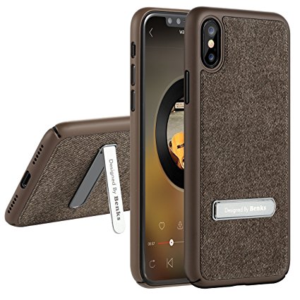 iPhone X/ 10 Protective Case Cover with Holder Stand [Support Wireless Charging] Benks 1.8mm Ultra Thin Slim Durable Denim   PC Frame Bumper Skin for iPhone10 (Brown for iPhoneX, 5.8-Inch)