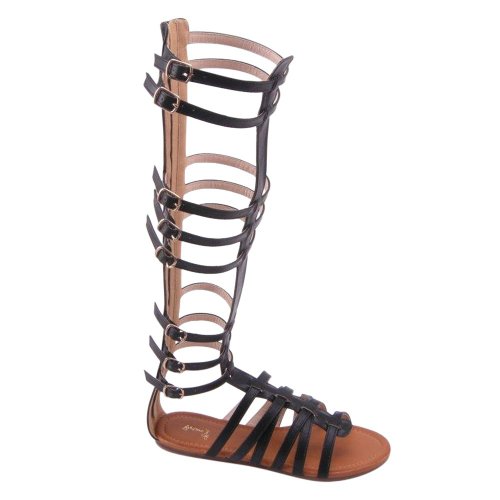 Beston FA52 Womens Strappy Caged Buckled Knee High Flat Gladiator Sandal