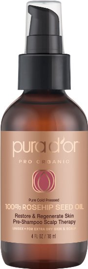 PURA D'OR Rosehip Seed Oil 100% Pure & USDA Organic For Face, Hair, Skin & Nails, 4 Fluid Ounce