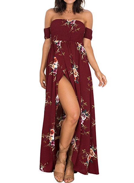 ZESICA Women's Floral Off The Shoulder Split Chiffon Beach Party Maxi Dress