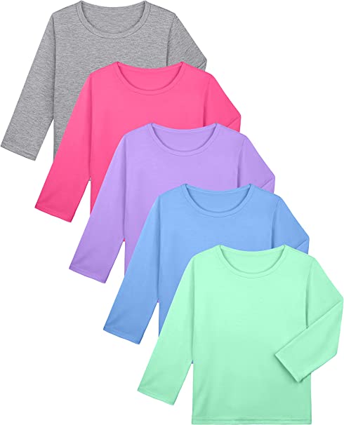 Cooraby 5 Pack Girls' Long Sleeve Tees Kids T-Shirts Soft Toddler Girls Crewneck T-Shirts