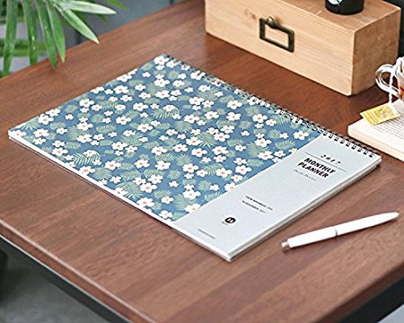 Flower Design 2017 Desk Planner Pad Wire Bound Monthly Planner Desk Mat Blotter Organizer Desk Calendar Scheduler Agenda, 14 Months, 13.8”x9.8”