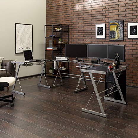 WE Furniture U-shaped Glass top metal Gaming Desk Station, Set of 2, Smoke/Silver