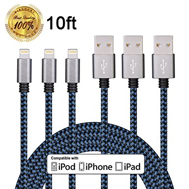Winage 3Pack 10FT Ultra Long Nylon Braided iPhone Charging Cable USB Cord Charger for iPhone 7/ 7Plus/ SE/ 6s/ 6 /6 Plus/ 6s Plus/ 5s/ 5c/ 5/ iPad Air/ Mini/ iPod Nano/ Touch (Blue)