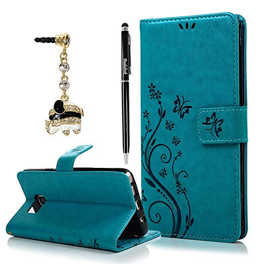 Note 5 Case, Samsung Galaxy Note 5 Case - Badalink Fashion Wallet Purse PU Leather Embossed Flowers Butterfly [Card Holders] Flip Cover with Hand Strap & 3D Cute Elephant Dust Plug & Stylus Pen - Blue