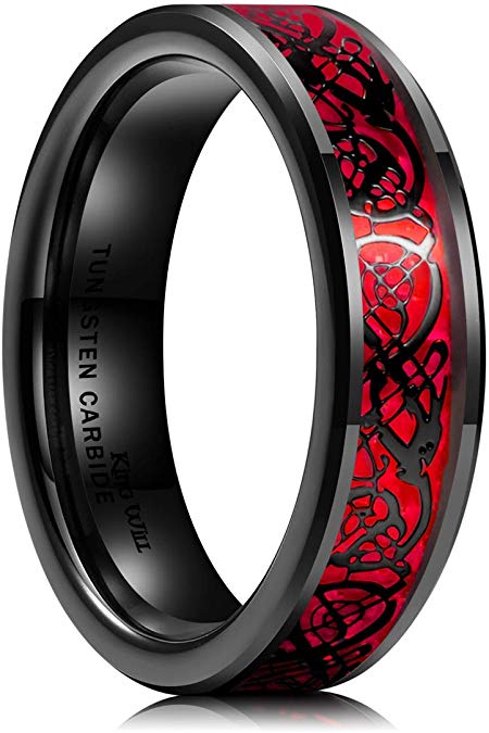 King Will Dragon Men's 8mm Red Carbon Fiber Black Celtic Dragon Tungsten Carbide Ring Comfort Fit Wedding Band