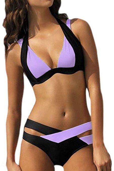 Eleter® Women’s Cross Double Colored Padded Push Up Halter Bikini Swimsuit (FBA)