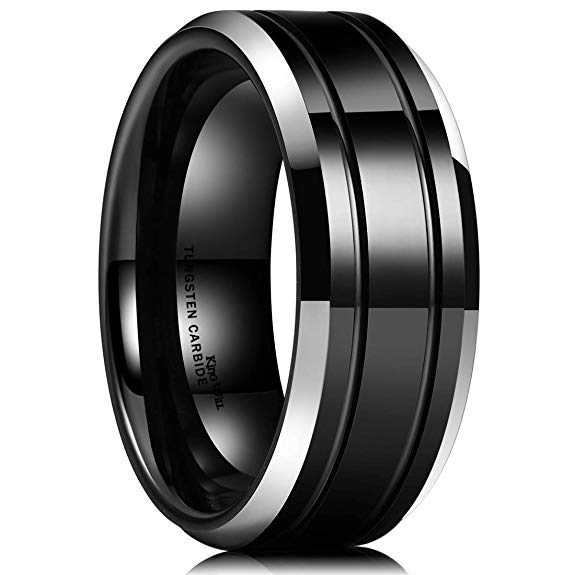 King Will Classic Men 8mm Black Tungsten Carbide Rings Polished Beveled Edge Double Groove Wedding Bands