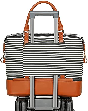 BLUBOON Weekender Overnight Bag with Shoe Compartment Canvas Travel Duffle Bag in Trolley Handle Carry On Tote Bags for Women Ladies (Brown -Black Stripe)