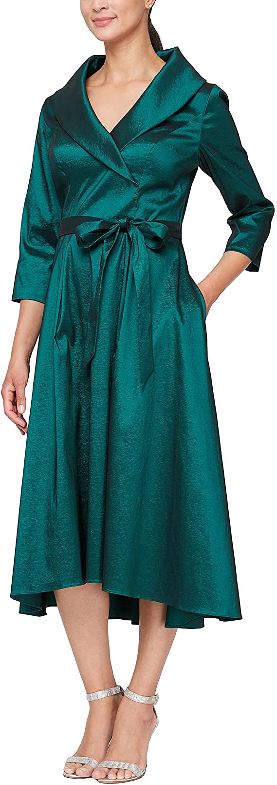 Alex Evenings Women's Portrait Collar Dress with Full Skirt, Pockets, and Tie Belt