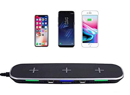 Qi Wireless Charger Triple Pad, 3-Devices Wireless Charging Pad Stand & 2 USB Ports for iPhone X, iPhone 8/8Plus, Samsung Galaxy S8/S8  S7/S7 Edge Note 8 Note 5, Nexus 5/6/7 & All QI-Enabled Device
