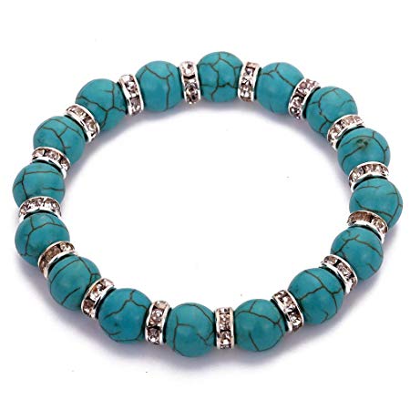 YAZILIND Tibetan Silver Rhinestones Round Rimous Turquoise Stretch Bangle Bracelet for Women