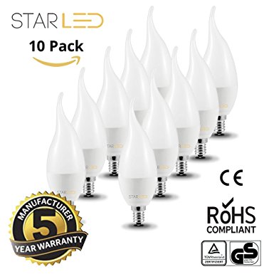 10 Pack | Star LED 4W Cool White "Flame Tip" Candelabra Light Bulb | 320 Lumen = 30 Watt Equivalent | E12 | CA10