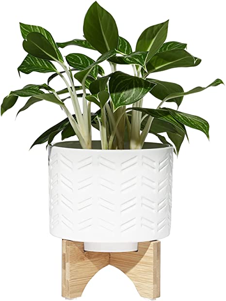 POTEY Mid Century Ceramic Planter Indoor - 6.1 Inch Medium Flower Plant Pots with Wood Stand and Drainage Hole, White 212712