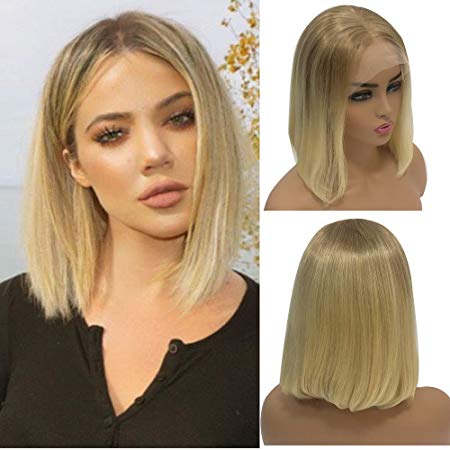 Blonde Ombre Short Bob Wigs Human Hair 8" 150% Density Roots Blonde 12/613 Lace Front Wigs Glueless Pre Plucked with Baby Hair 13×4 Frontal Lace for White Women