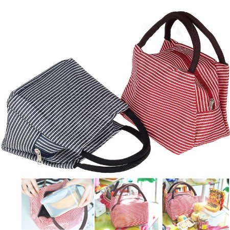 Lunch Bag, Pupow Solid Useful Linen Cotton Stripe 2pc Fashion Lunch Tote Bag Lunch Bag Grocery Bags with Zipper (Red Blue)