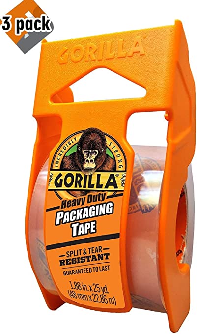 Gorilla Heavy Duty Packing Tape with Dispenser for Moving, Shipping and Storage, 1.88" x 25 yd, Clear, 3 Pack