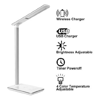 LED night light, KuGi ® 5W Touch Dimmer LED Desk Lamp With (5v, 1A) USB 2.0 / Qi Wireless Charger & timing control, 4 Color Modes (Reading/Studying/Relaxation/Bedtime), 5-Level Dimmer. (White )