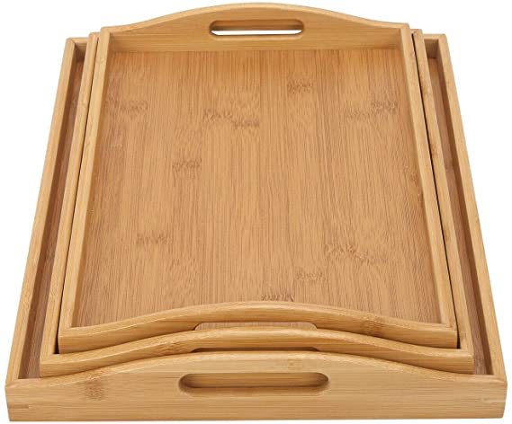 Vencier Bamboo Serving Trays - Set of 3 | Wooden Platters | Raised Edges & Lightweight | Perfect for Breakfast in Bed & Tea | Board with Handles