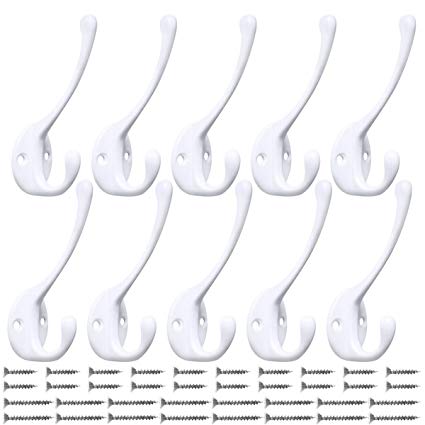 IBosins 10 Pack Heavy Duty Dual Coat Hooks Wall Mounted with 40 Screws Retro Double Hooks Utility Black Hooks for Coat, Scarf, Bag, Towel, Key, Cap, Cup, Hat (White)