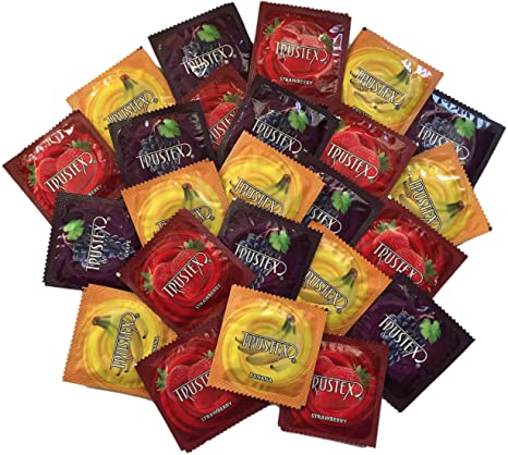 Trustex Fruity Flavors   Brass Lunamax Pocket Case (Strawberry, Banana, and Grape) Premium Flavored Latex Condoms-24 Count