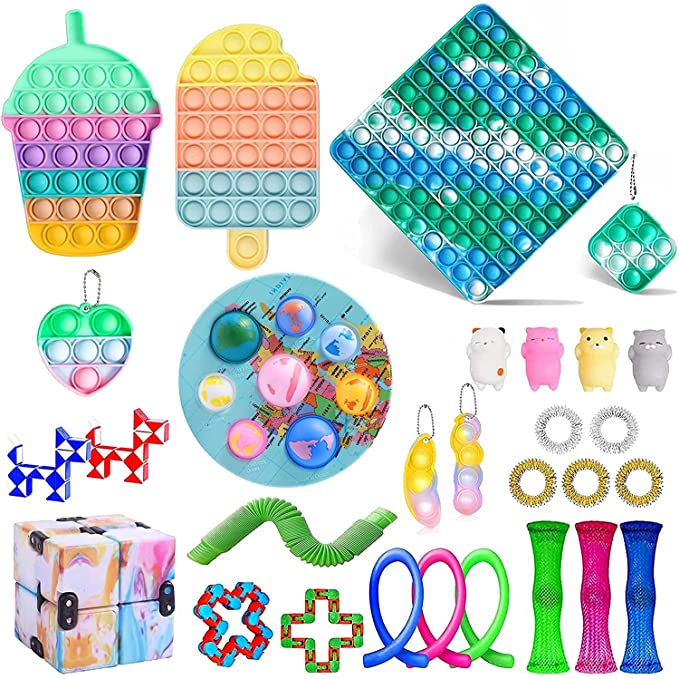 30Pcs Fidget Packs Anti-Anxiety Tools,Fidget Toy Pack with Marble Mesh Sensory Tube and Keychain Mini Fidget Block Set Figetget Stress Relief Toys for Adults (06B1, OneSize)