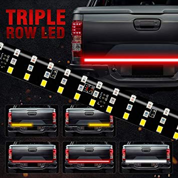 MIHAZ LED Tailgate Light Bar - 60" Triple Row 5-Function Strip Light Running, Brake, Sequential Amber Turn Signal, Reverse Tail Light for Pickup Trailer SUV RV VAN, No Drill Install 1yr-Warranty