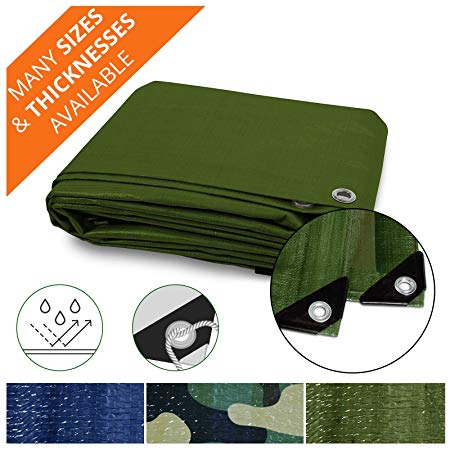 Heavy Duty Tarps | Waterproof Ground Tent Trailer Cover | Multilayered Tarpaulin in Many Sizes and Thicknesses | 15 Mil - Green - 10' x 12'