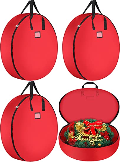 4 Pieces Christmas Wreath Storage Bag Protect Artificial Wreaths Large Storage Container and Reliable Handles for Xmas Bag Tear-Proof 600D Oxford Fabric Zipper Card Slot (30 Inch, Red)