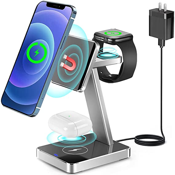 Aluminum Alloy 3 in 1 Magnetic Wireless Charger,20W Fast Wireless Charging Station for iPhone 12/Pro/Pro Max/Mini,AirPods Pro/2,Apple Watch SE 6 5 4 3 2,Compatible with Magsafe Case Charger Stand