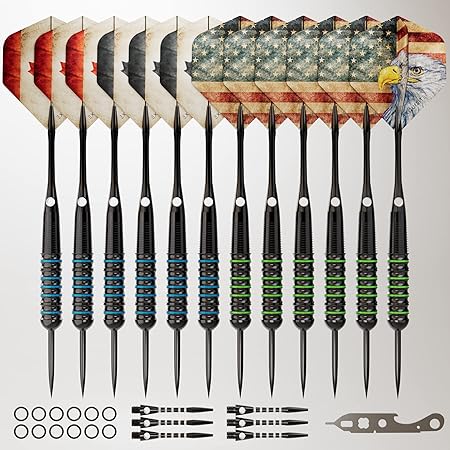 CC-EXQUISITE 12 X Darts Steel Tip Set – Blue & Green – 20/22g with 24 Flights & 18 shafts   Dart Tool, Rubber O-Rings – Fully Customizable